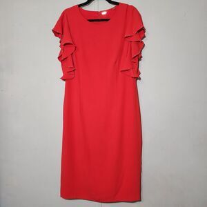 T TAHARI Little Red Dress Flutter Sleeves Zip Back Sz 14 Accent Beads